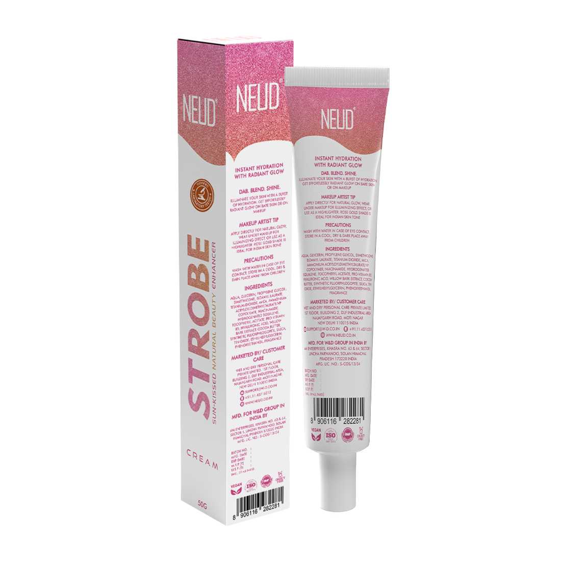 NEUD Strobe Cream Rose Gold with Cocoa Butter and Hyaluronic Acid, Lab Tested All-in-One Makeup Beauty Enhancer - 50g