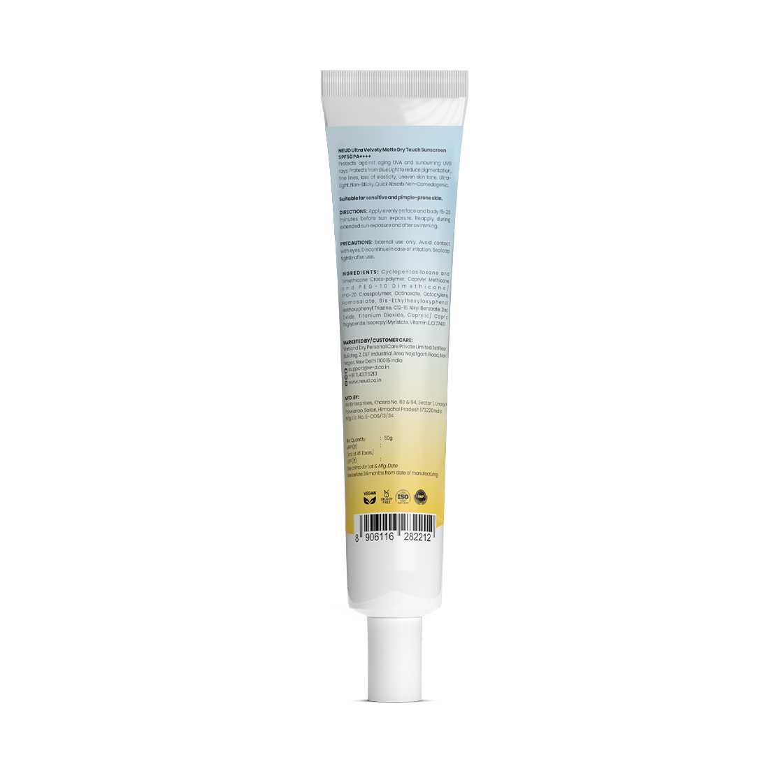 NEUD Ultra Velvety Matte Priming Sunscreen Dry Touch with SPF 50 PA++++ and Vitamin E, Sweat-Resistant, No White Cast - 50g