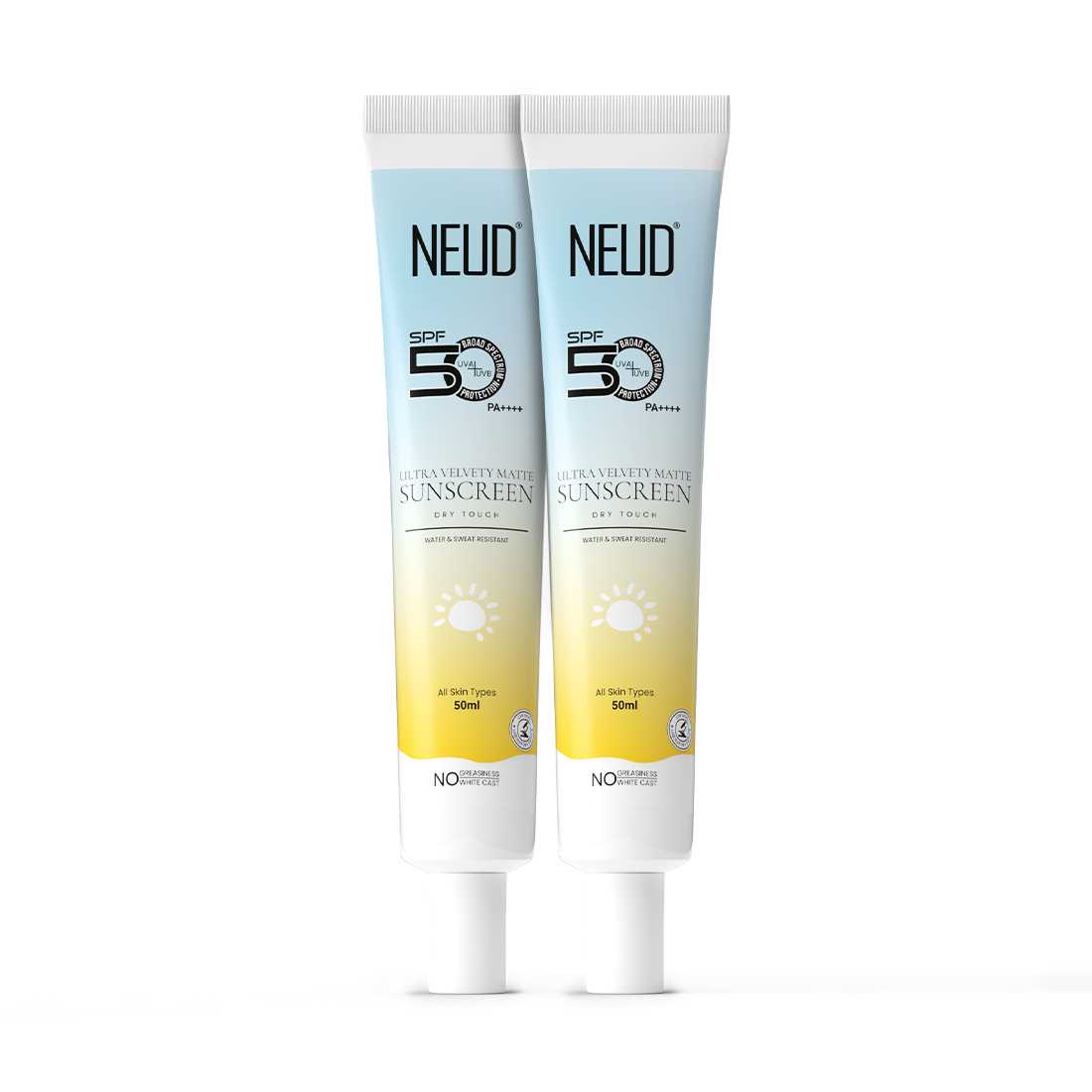 NEUD Ultra Velvety Matte Priming Sunscreen Dry Touch with SPF 50 PA++++ and Vitamin E, Sweat-Resistant, No White Cast - 50g