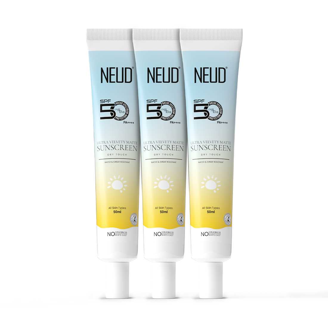 NEUD Ultra Velvety Matte Priming Sunscreen Dry Touch with SPF 50 PA++++ and Vitamin E, Sweat-Resistant, No White Cast - 50g