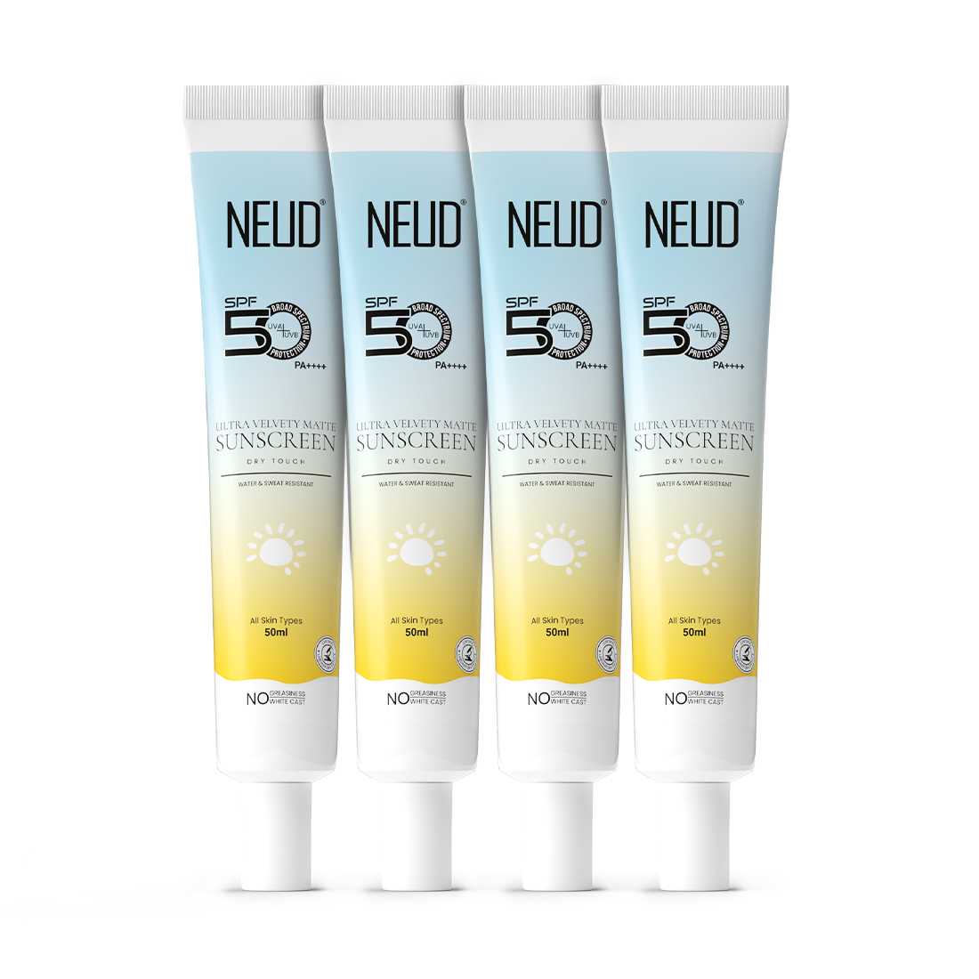 NEUD Ultra Velvety Matte Priming Sunscreen Dry Touch with SPF 50 PA++++ and Vitamin E, Sweat-Resistant, No White Cast - 50g