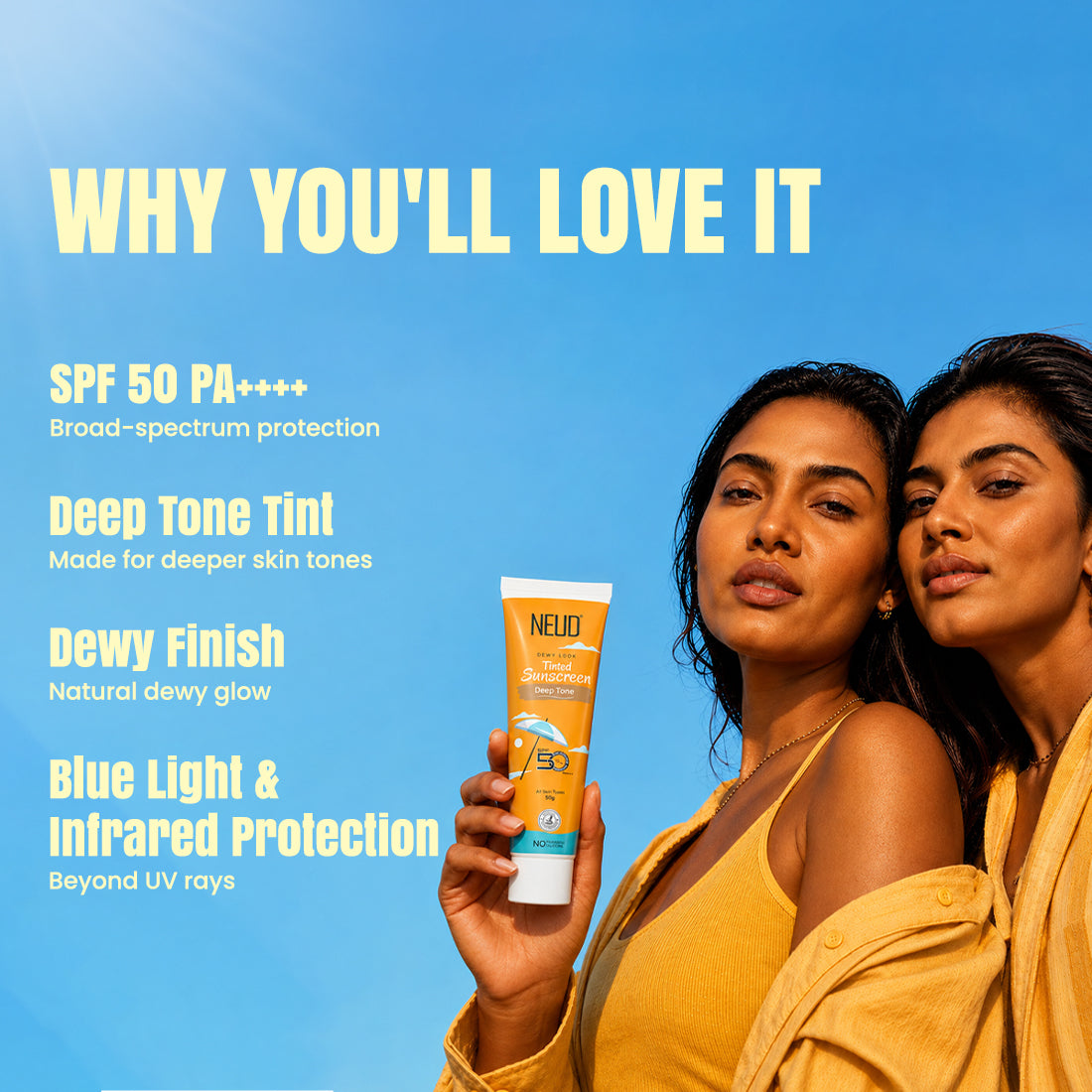 NEUD Deep Tone Dewy Look Tinted Sunscreen SPF 50 PA++++ with Hyaluronic Acid – 50g