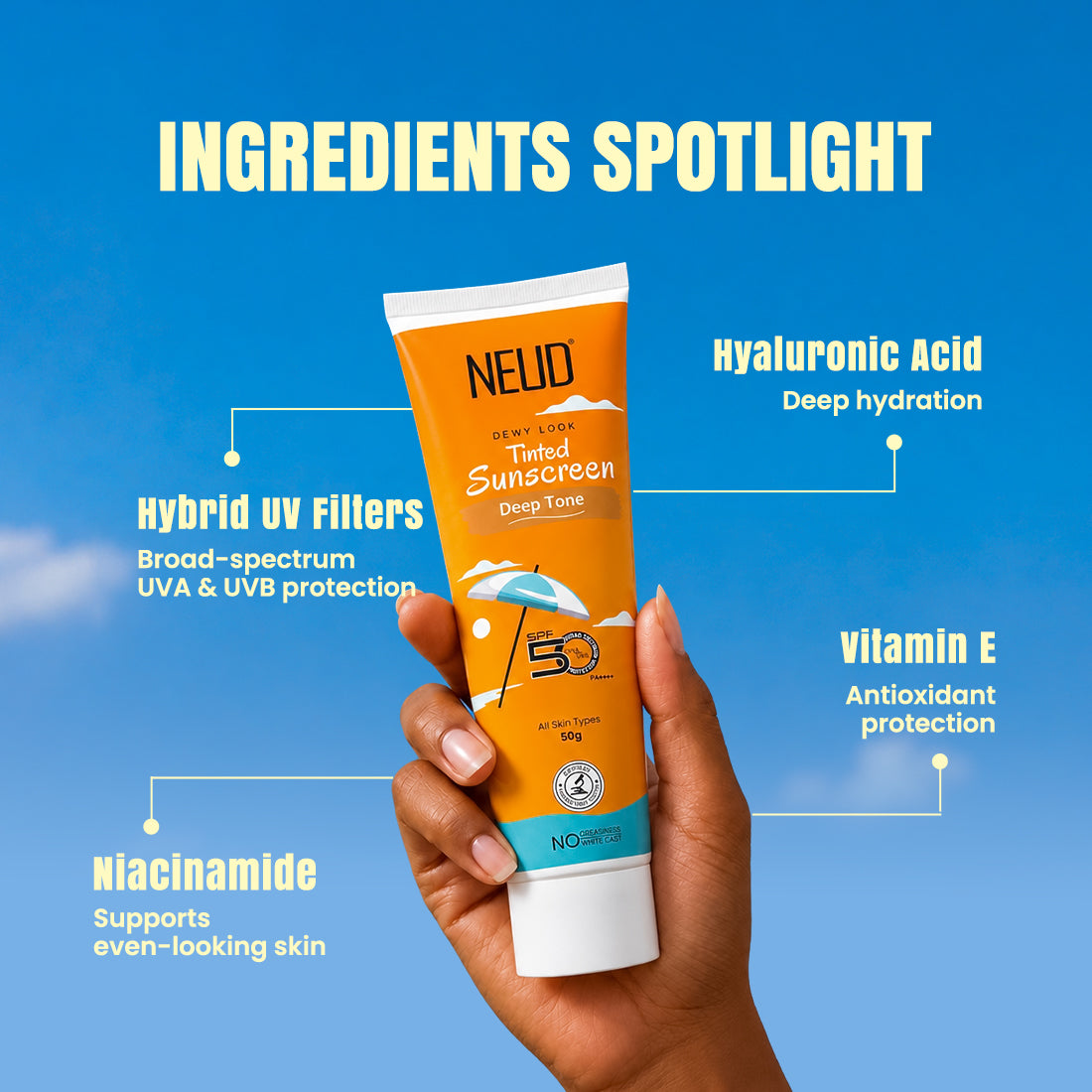 NEUD Deep Tone Dewy Look Tinted Sunscreen SPF 50 PA++++ with Hyaluronic Acid – 50g
