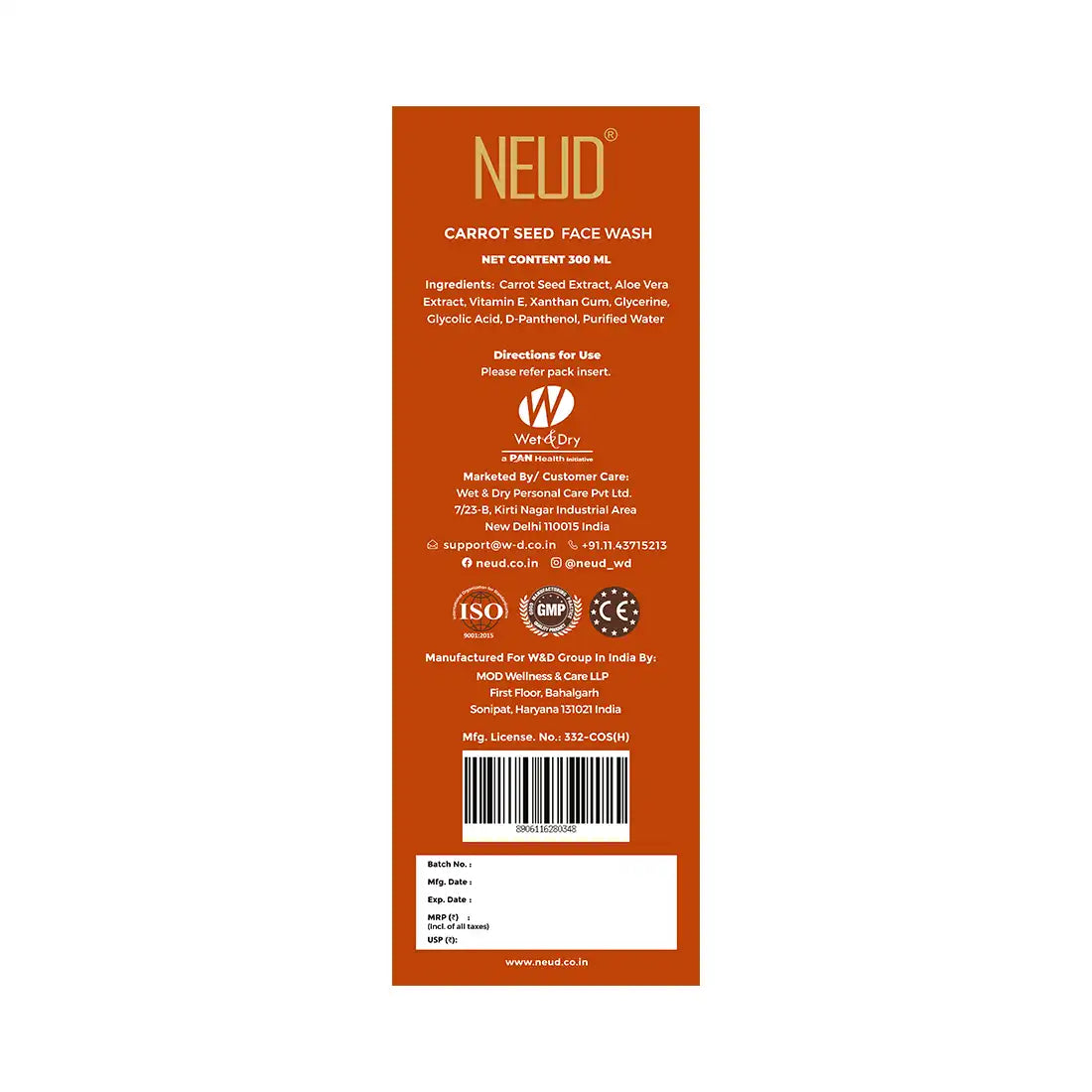 NEUD Carrot Seed Premium Face Wash for Men & Women - Get Free Zipper Pouch