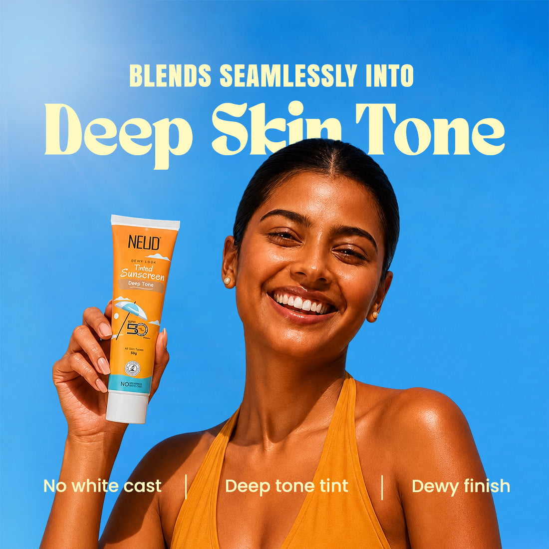 NEUD Deep Tone Dewy Look Tinted Sunscreen SPF 50 PA++++ with Hyaluronic Acid – 50g