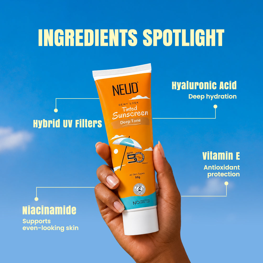 NEUD Deep Tone Dewy Look Tinted Sunscreen SPF 50 PA++++ with Hyaluronic Acid – 50g