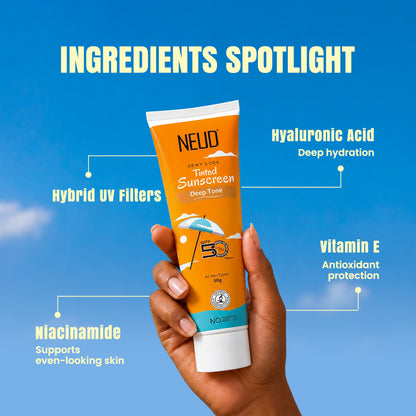 NEUD Deep Tone Dewy Look Tinted Sunscreen SPF 50 PA++++ with Hyaluronic Acid – 50g