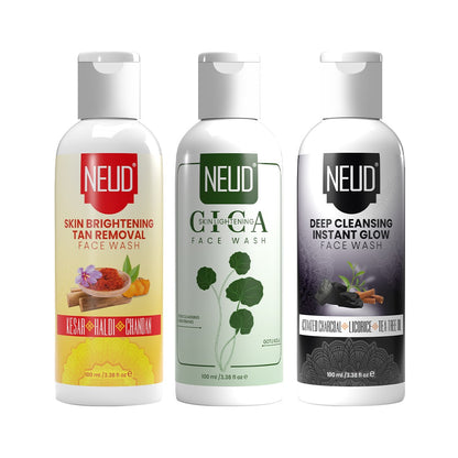 NEUD Cica Face Wash, Skin Brightening Face Wash and Deep Cleansing Face Wash - 3 x 100ml Each