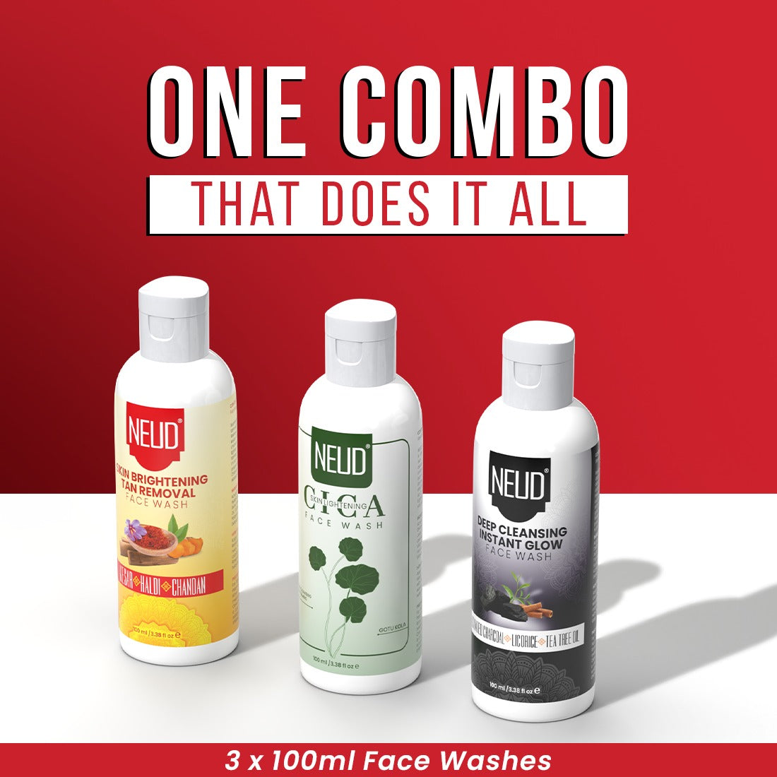 NEUD Cica Face Wash, Skin Brightening Face Wash and Deep Cleansing Face Wash - 3 x 100ml Each