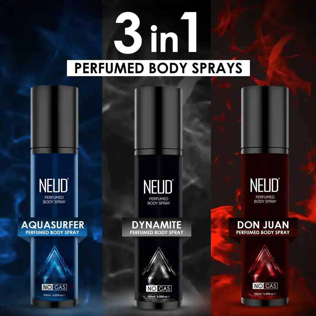 NEUD 3-in-1 Perfumed Body Sprays, Long-Lasting Deodorants, No Gas, No CFC Formula - 3 x 120ml Each