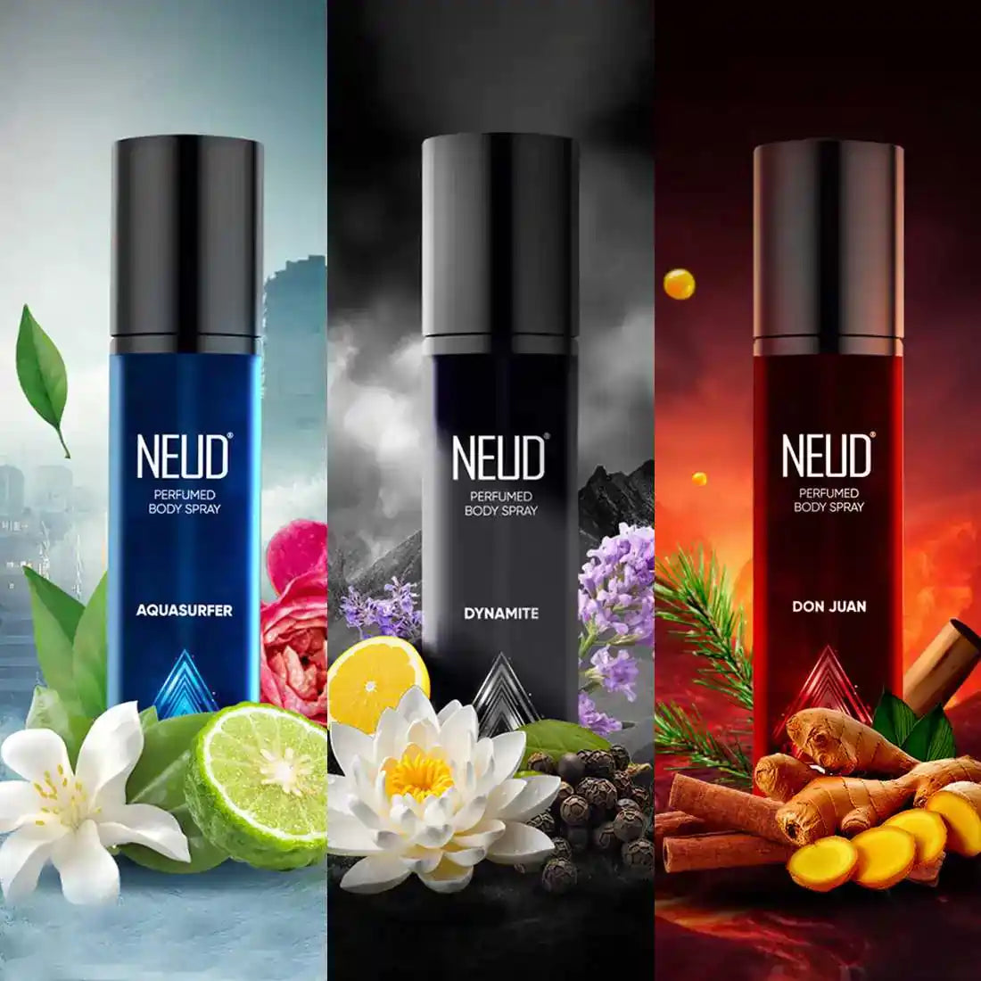 NEUD 3-in-1 Perfumed Body Sprays, Long-Lasting Deodorants, No Gas, No CFC Formula - 3 x 120ml Each