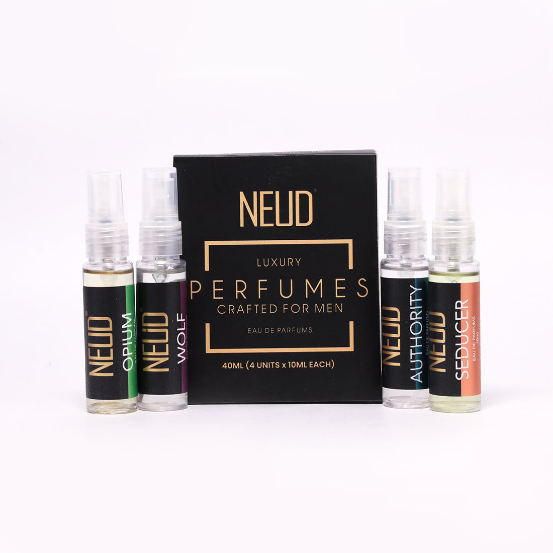 NEUD Luxury Pocket Perfume Gift Set for Men 4x10ml (Citrus, Lavender, Cedarwood, Vanilla), Long Lasting