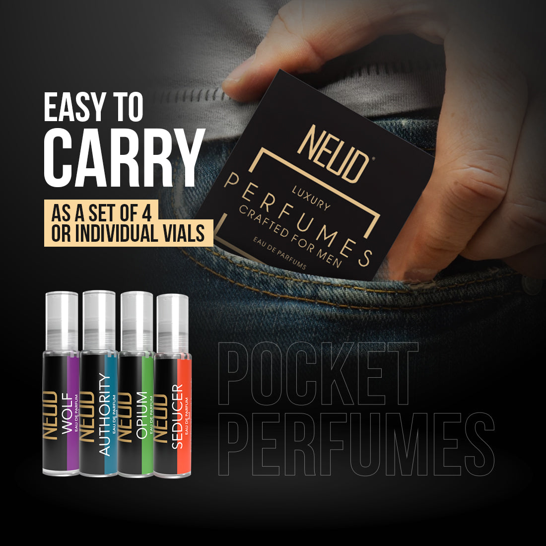 NEUD Luxury Pocket Perfume Gift Set for Men 4x10ml (Citrus, Lavender, Cedarwood, Vanilla), Long Lasting