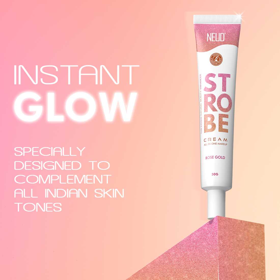 NEUD Strobe Cream Rose Gold with Cocoa Butter and Hyaluronic Acid, Lab Tested All-in-One Makeup Beauty Enhancer - 50g