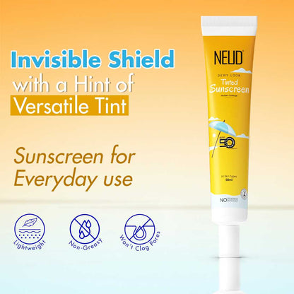 NEUD Dewy Look Tinted Sunscreen with SPF 50++++ and Hyaluronic Acid, Ultra-Light, No White Cast - 50ml