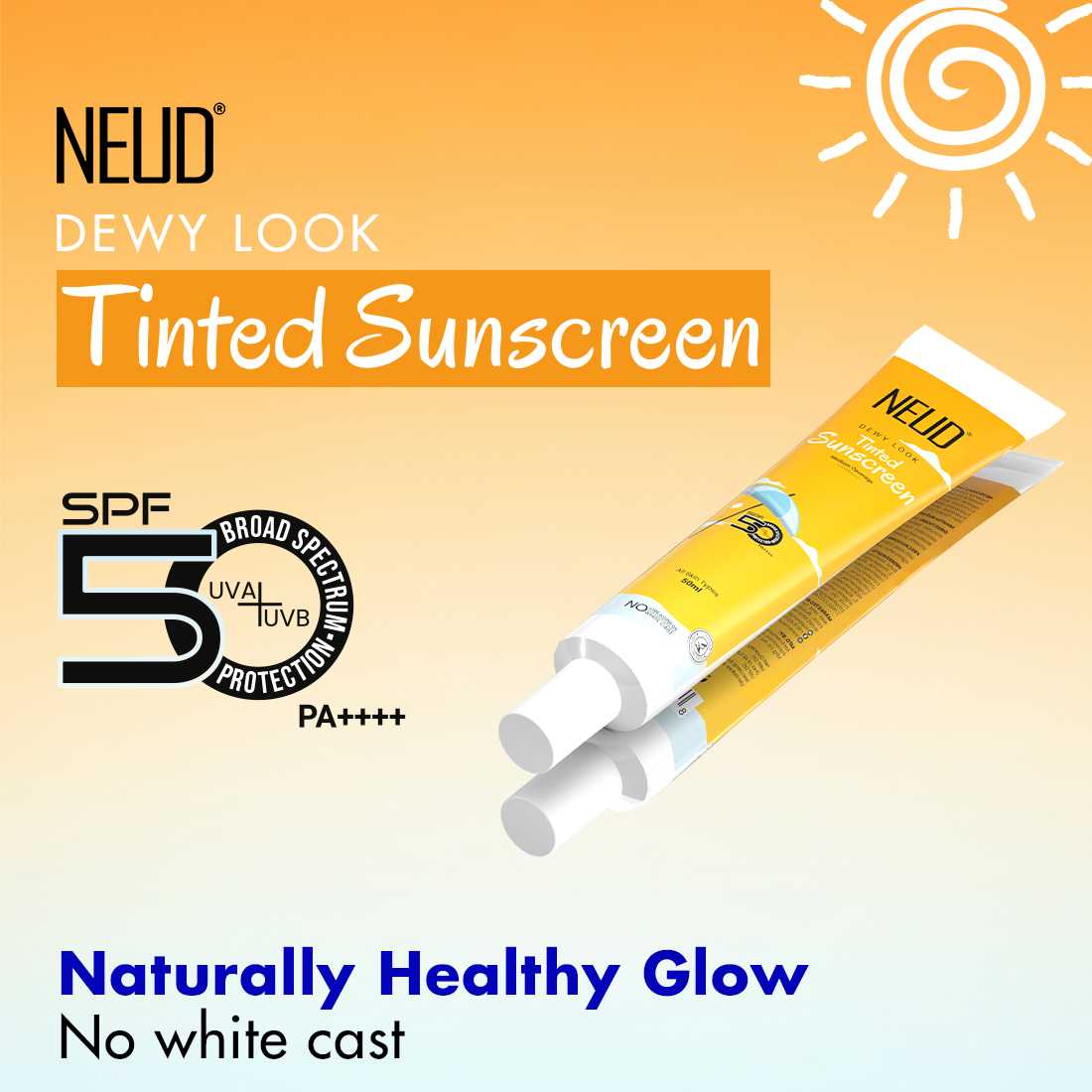 NEUD Dewy Look Tinted Sunscreen with SPF 50++++ and Hyaluronic Acid, Ultra-Light, No White Cast - 50ml