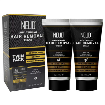 NEUD Anti-Tanning Hair Removal Cream for Arms, Legs, Chest and Back in Men and Women - Twin Pack (50g x 2 Tubes)