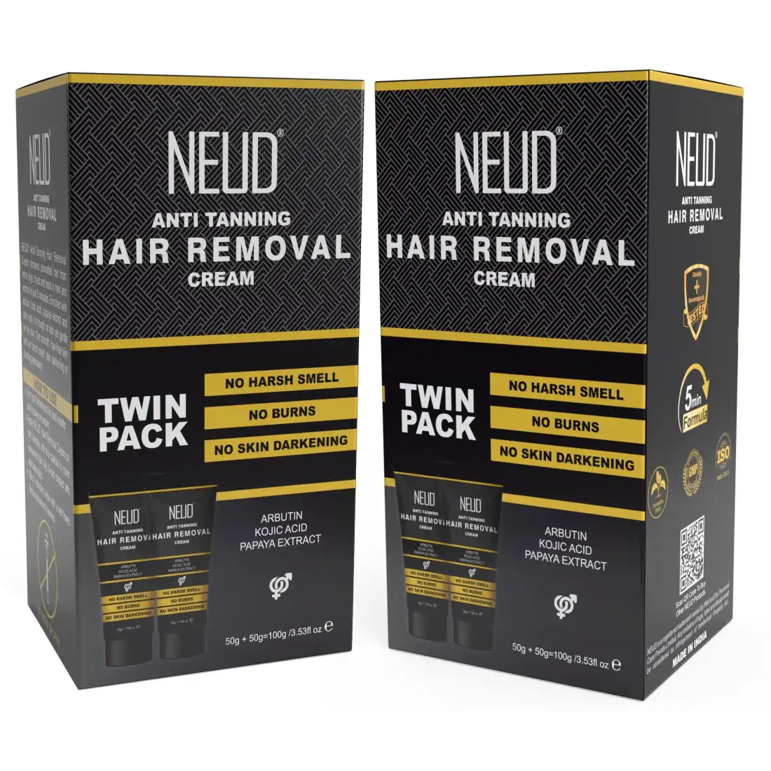 NEUD Anti-Tanning Hair Removal Cream for Arms, Legs, Chest and Back in Men and Women - Twin Pack (50g x 2 Tubes)