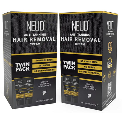 NEUD Anti-Tanning Hair Removal Cream for Arms, Legs, Chest and Back in Men and Women - Twin Pack (50g x 2 Tubes)