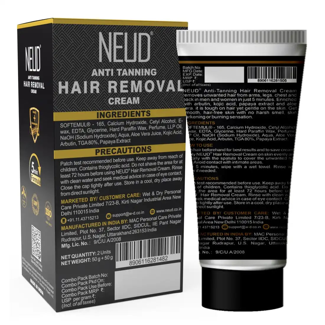 NEUD Anti-Tanning Hair Removal Cream for Arms, Legs, Chest and Back in Men and Women - Twin Pack (50g x 2 Tubes)