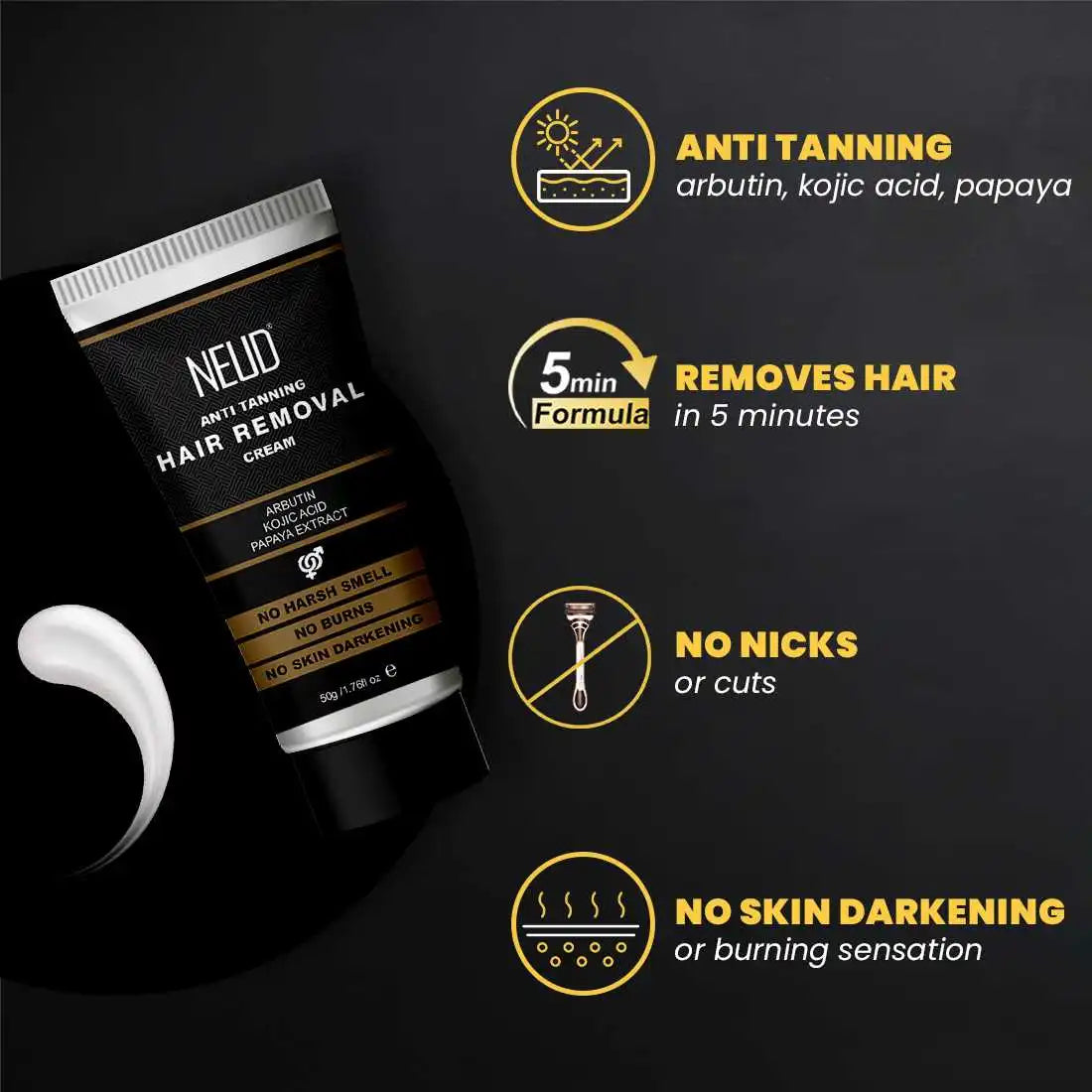 NEUD Anti-Tanning Hair Removal Cream for Arms, Legs, Chest and Back in Men and Women - Twin Pack (50g x 2 Tubes)