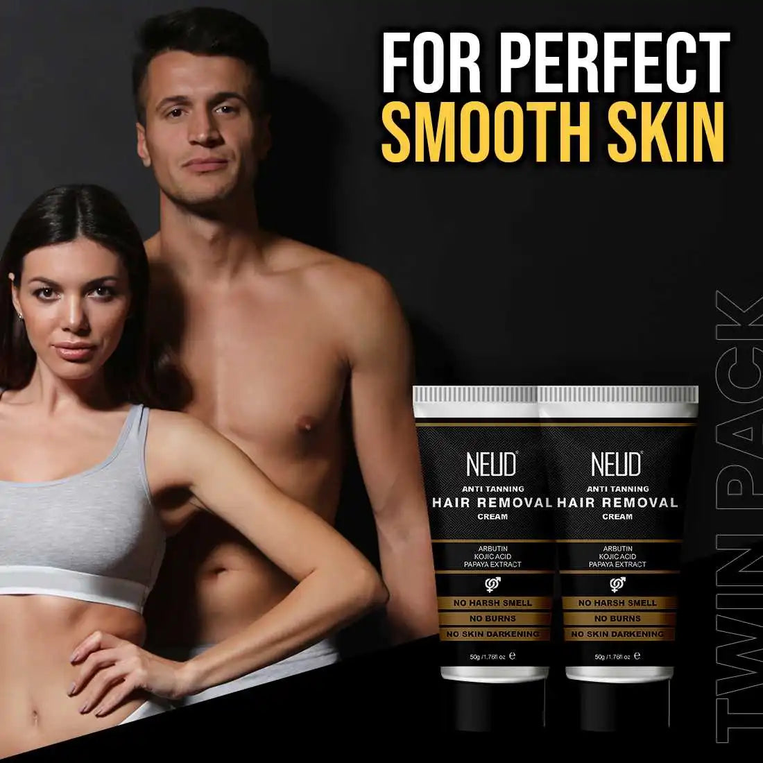 NEUD Anti-Tanning Hair Removal Cream for Arms, Legs, Chest and Back in Men and Women - Twin Pack (50g x 2 Tubes)