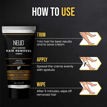 NEUD Anti-Tanning Hair Removal Cream for Arms, Legs, Chest and Back in Men and Women - Twin Pack (50g x 2 Tubes)