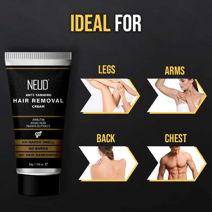 NEUD Anti-Tanning Hair Removal Cream for Arms, Legs, Chest and Back in Men and Women - Twin Pack (50g x 2 Tubes)