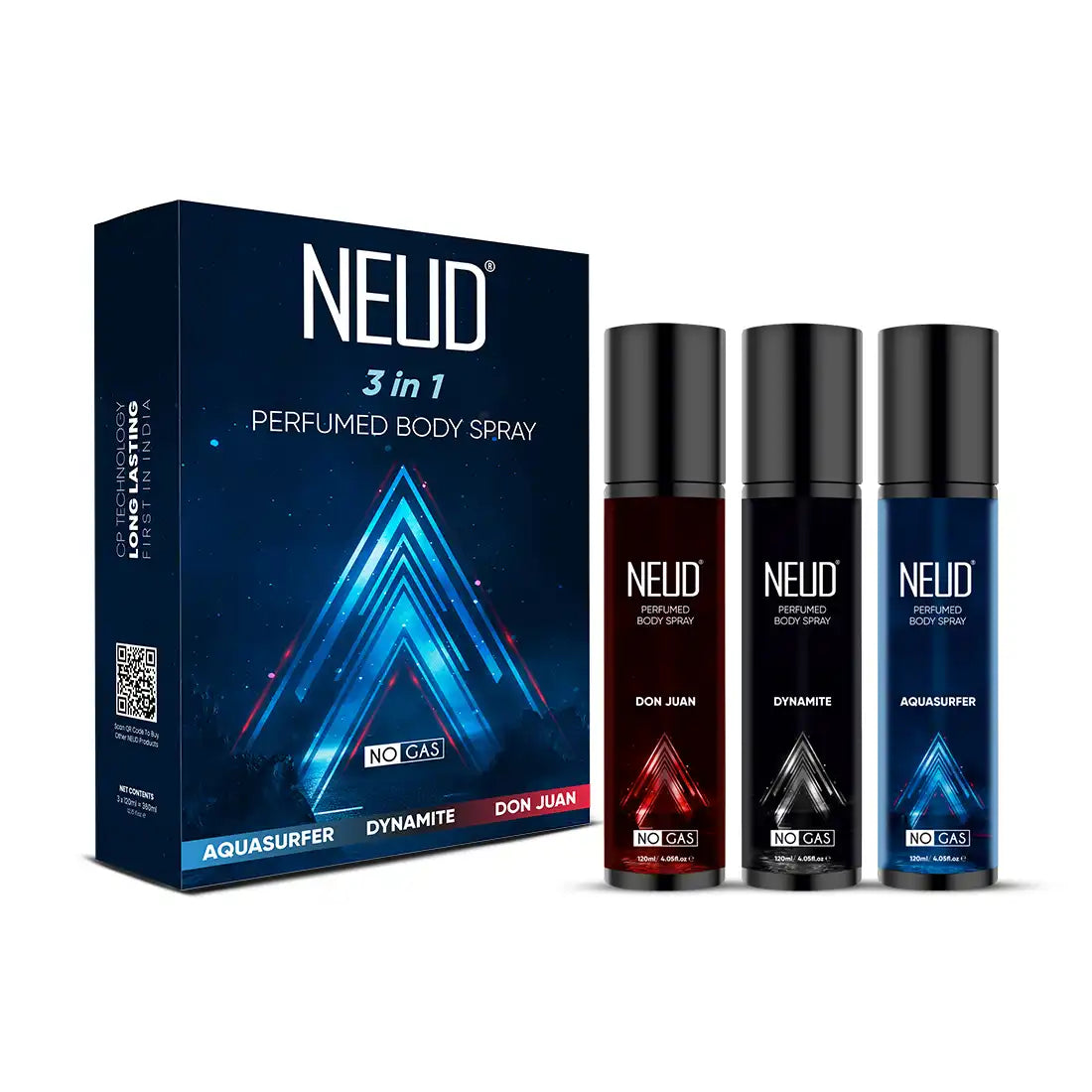 NEUD 3-in-1 Perfumed Body Sprays for Men, Long-Lasting Deodorants, No Gas, No CFC Formula - 3 x 120ml Each