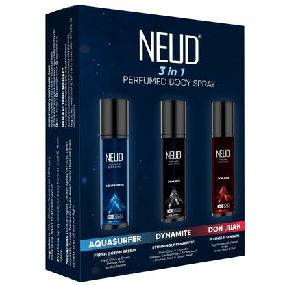 NEUD 3-in-1 Perfumed Body Sprays for Men, Long-Lasting Deodorants, No Gas, No CFC Formula - 3 x 120ml Each