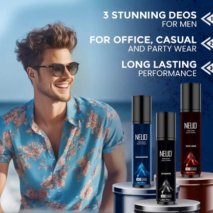 NEUD 3-in-1 Perfumed Body Sprays for Men, Long-Lasting Deodorants, No Gas, No CFC Formula - 3 x 120ml Each