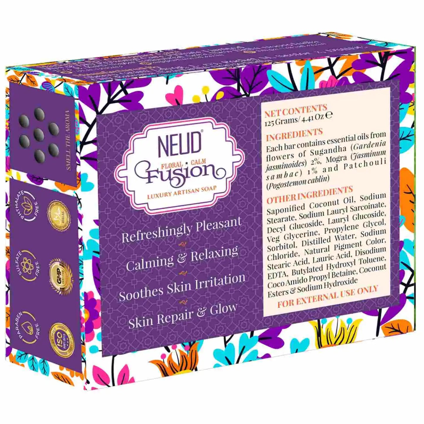 NEUD Floral Calm Fusion Luxury Artisan pH Balanced Handmade Soap With Sugandha, Mogra and Patchouli - 125g