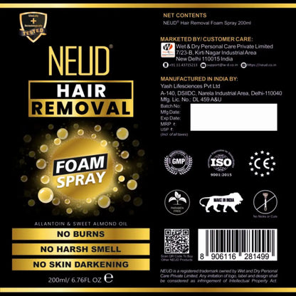 NEUD Hair Removal Foam Spray with No Burns, Harsh Smell or Skin Darkening - 200ml