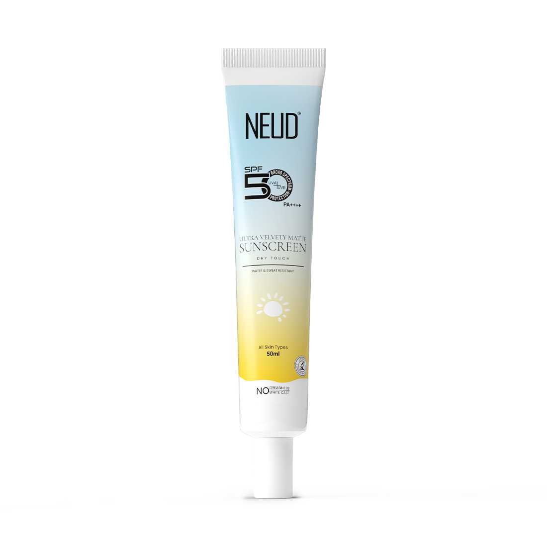 NEUD Ultra Velvety Matte Priming Sunscreen Dry Touch with SPF 50 PA++++ and Vitamin E, Sweat-Resistant, No White Cast - 50g