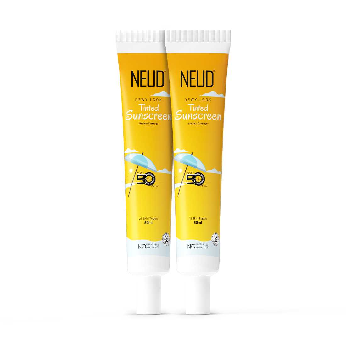 NEUD Dewy Look Tinted Sunscreen with SPF 50 PA++++ and Hyaluronic Acid, Ultra-Light, No White Cast - 50ml