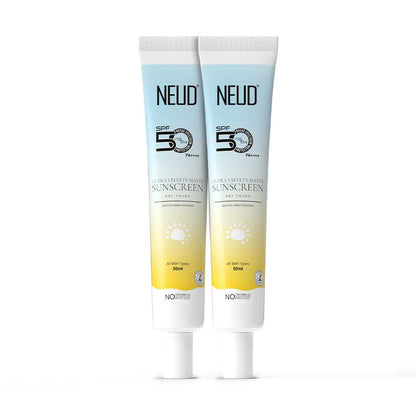 NEUD Ultra Velvety Matte Priming Sunscreen Dry Touch with SPF 50 PA++++ and Vitamin E, Sweat-Resistant, No White Cast - 50g