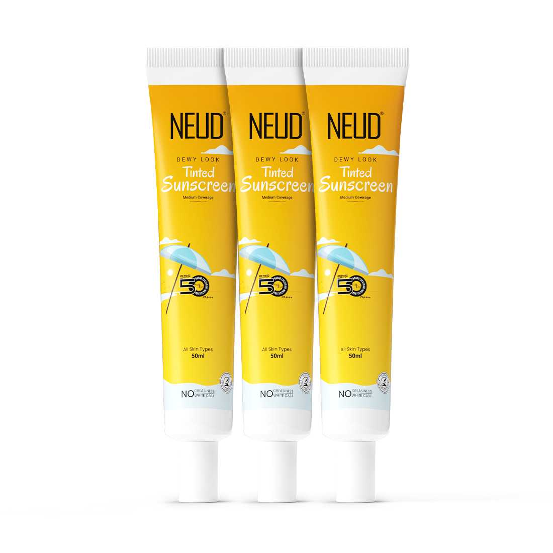 NEUD Dewy Look Tinted Sunscreen with SPF 50 PA++++ and Hyaluronic Acid, Ultra-Light, No White Cast - 50ml