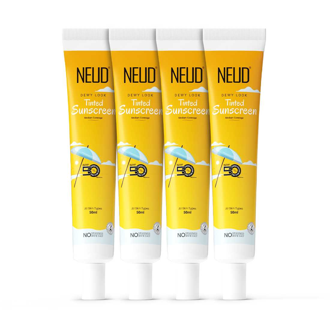 NEUD Dewy Look Tinted Sunscreen with SPF 50 PA++++ and Hyaluronic Acid, Ultra-Light, No White Cast - 50ml