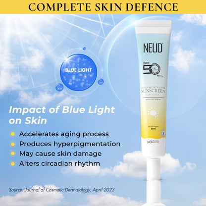 NEUD Ultra Velvety Matte Priming Sunscreen Dry Touch with SPF 50 PA++++ and Vitamin E, Sweat-Resistant, No White Cast - 50g