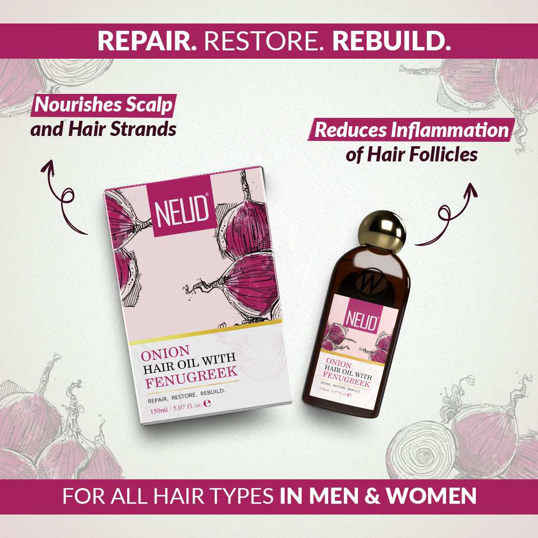 NEUD Combo - Onion Hair Oil and Shampoo with Fenugreek for Men & Women