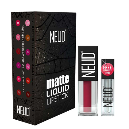 NEUD Matte Liquid Lipstick Peachy Pink with Jojoba Oil, Vitamin E and Almond Oil - Smudge Proof 12-hour Stay Formula with Free Lip Gloss