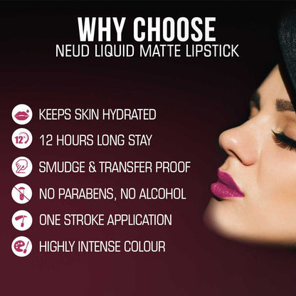 NEUD Matte Liquid Lipstick Supple Candy with Jojoba Oil, Vitamin E and Almond Oil - Smudge Proof 12-hour Stay Formula with Free Lip Gloss