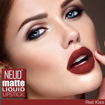 NEUD Matte Liquid Lipstick Red Kiss with Jojoba Oil, Vitamin E and Almond Oil - Smudge Proof 12-hour Stay Formula with Free Lip Gloss