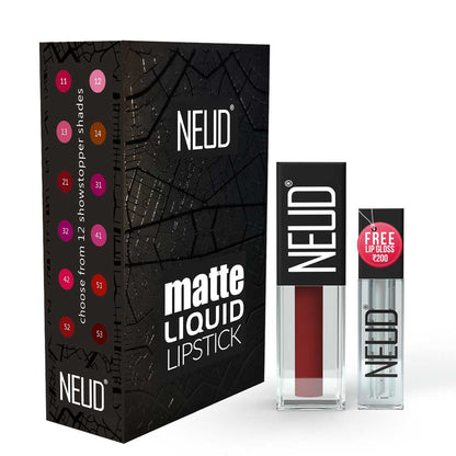 NEUD Matte Liquid Lipstick Red Kiss with Jojoba Oil, Vitamin E and Almond Oil - Smudge Proof 12-hour Stay Formula with Free Lip Gloss