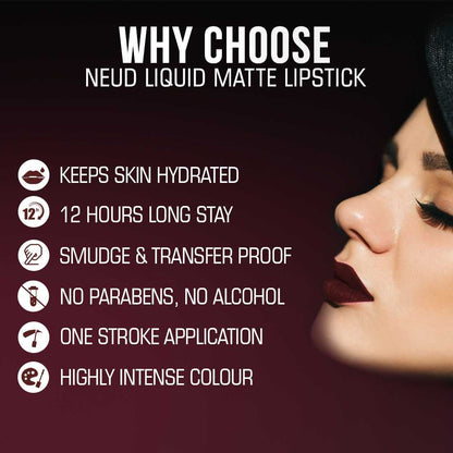 NEUD Matte Liquid Lipstick Espresso Twist with Jojoba Oil, Vitamin E and Almond Oil - Smudge Proof 12-hour Stay Formula with Free Lip Gloss