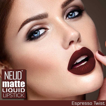 NEUD Matte Liquid Lipstick Espresso Twist with Jojoba Oil, Vitamin E and Almond Oil - Smudge Proof 12-hour Stay Formula with Free Lip Gloss