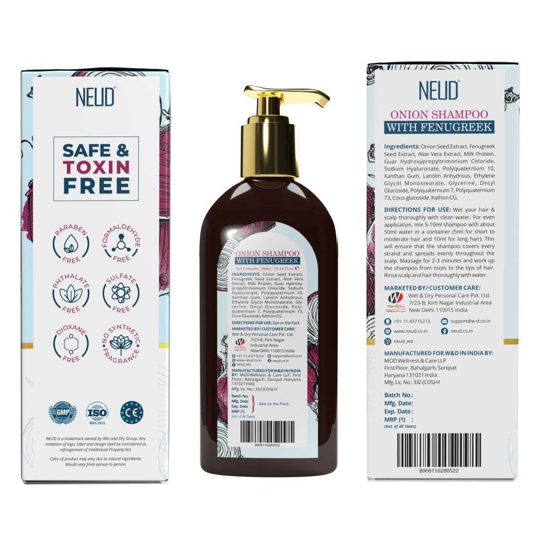 NEUD Premium Onion Hair Shampoo with Fenugreek for Men & Women - 300 ml